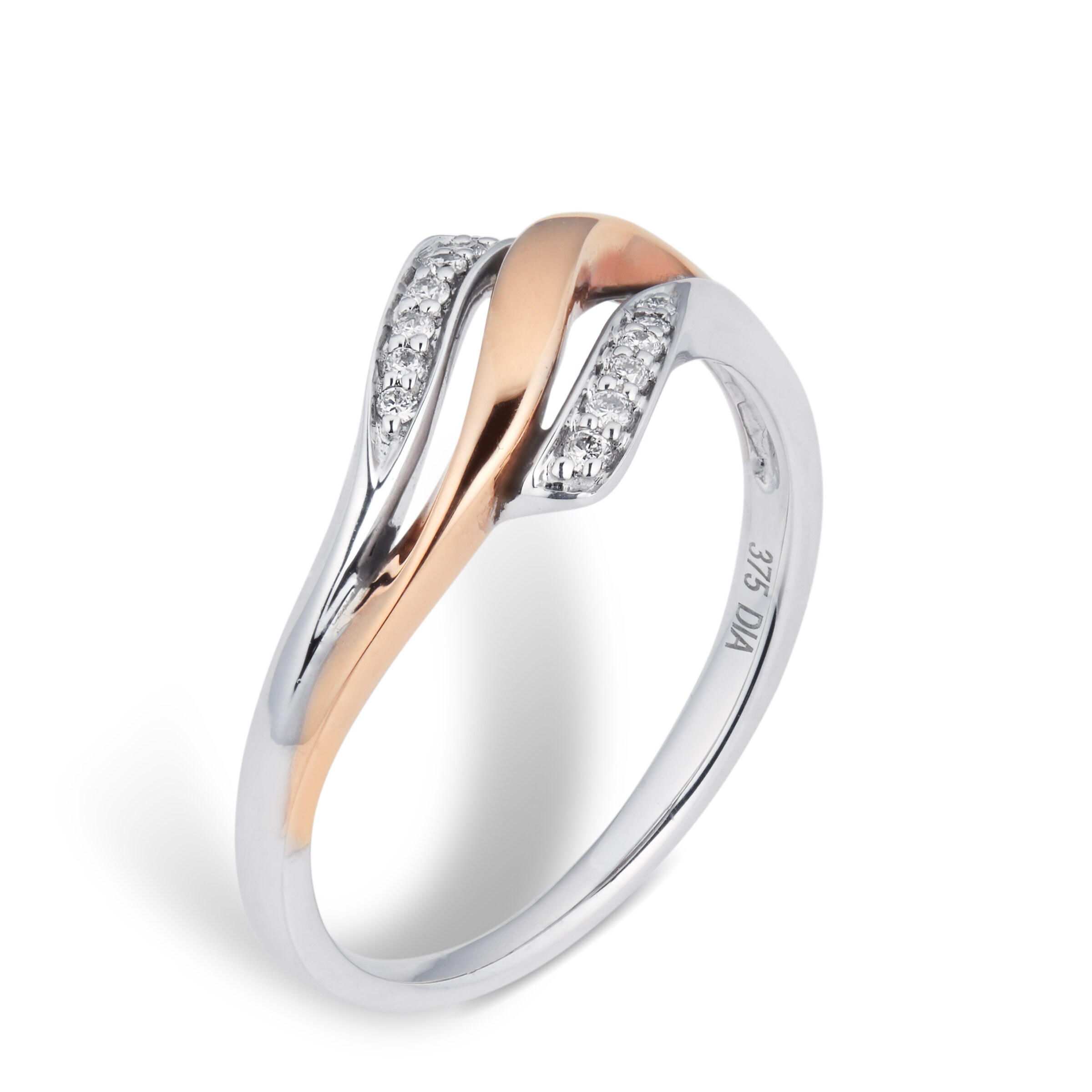 rose and white gold twist ring with diamonds