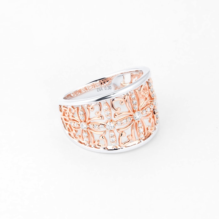 Mappin & Webb Floresco 18ct Rose Gold 0.30ct Diamond Large Filigree Cuff Ring