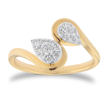 9ct Yellow Gold 0.25cttw Double Pear Cluster Diamond Wave Ring