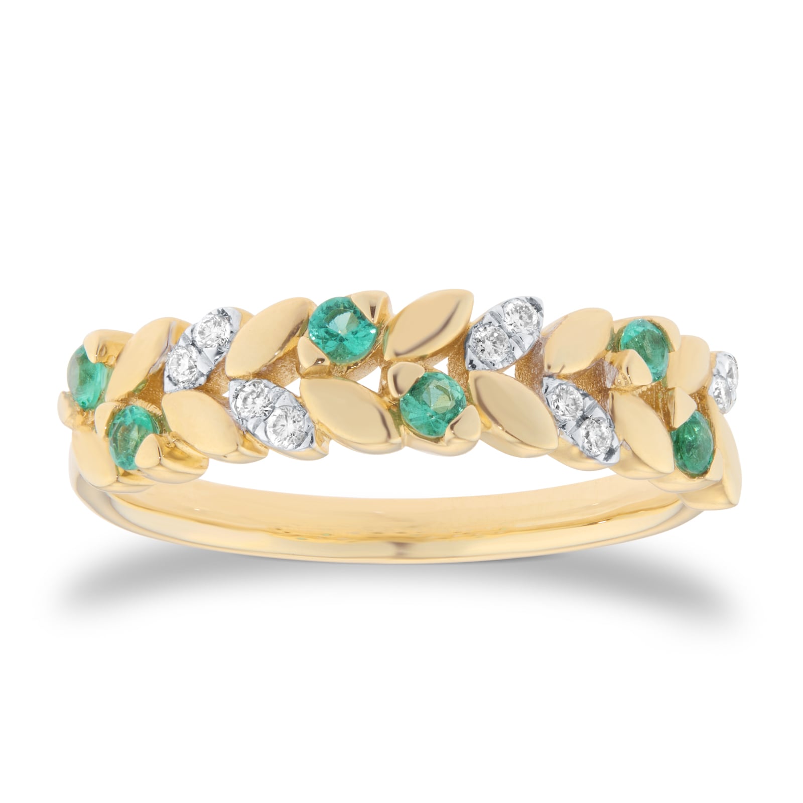Goldsmiths 9ct Yellow Gold Diamond and Emerald Leaf Ring