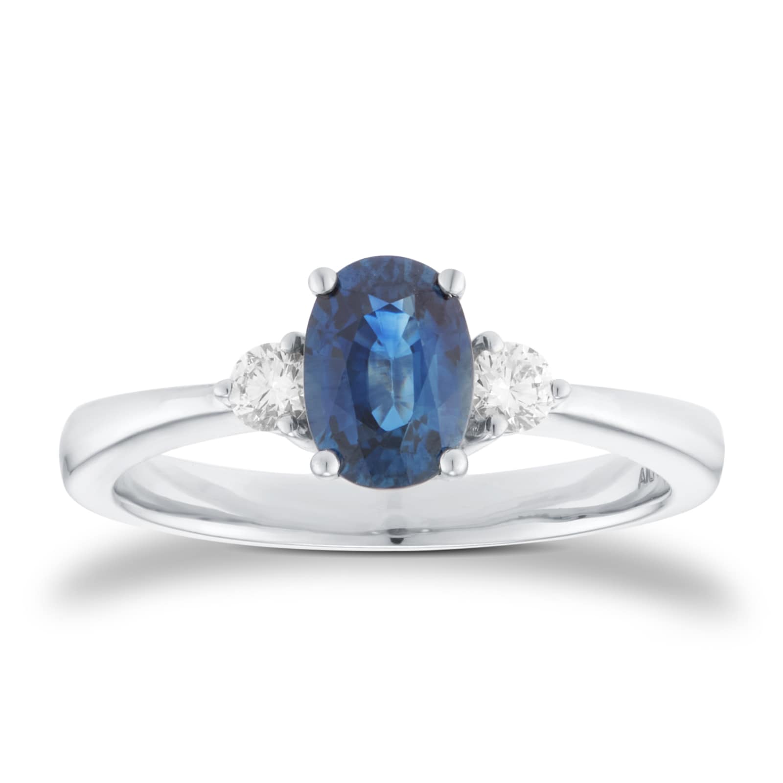 Goldsmiths Platinum Oval Cut Sapphire and 0.15cttw Diamond Three Stone Engagement Ring