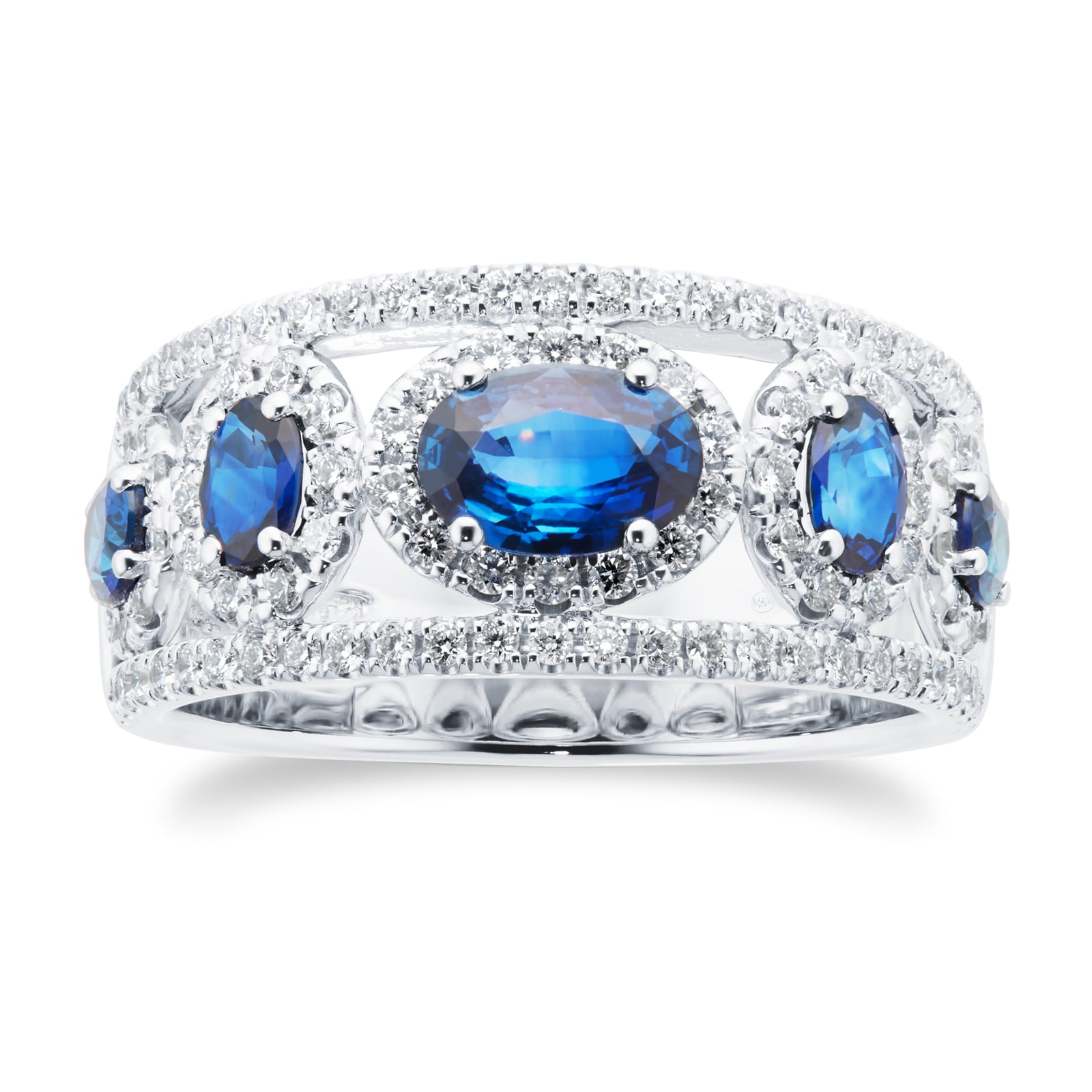 18ct White Gold 0.53ct Diamond & 1.58cttw Sapphire Diamond Halo Ring - Ring Size N