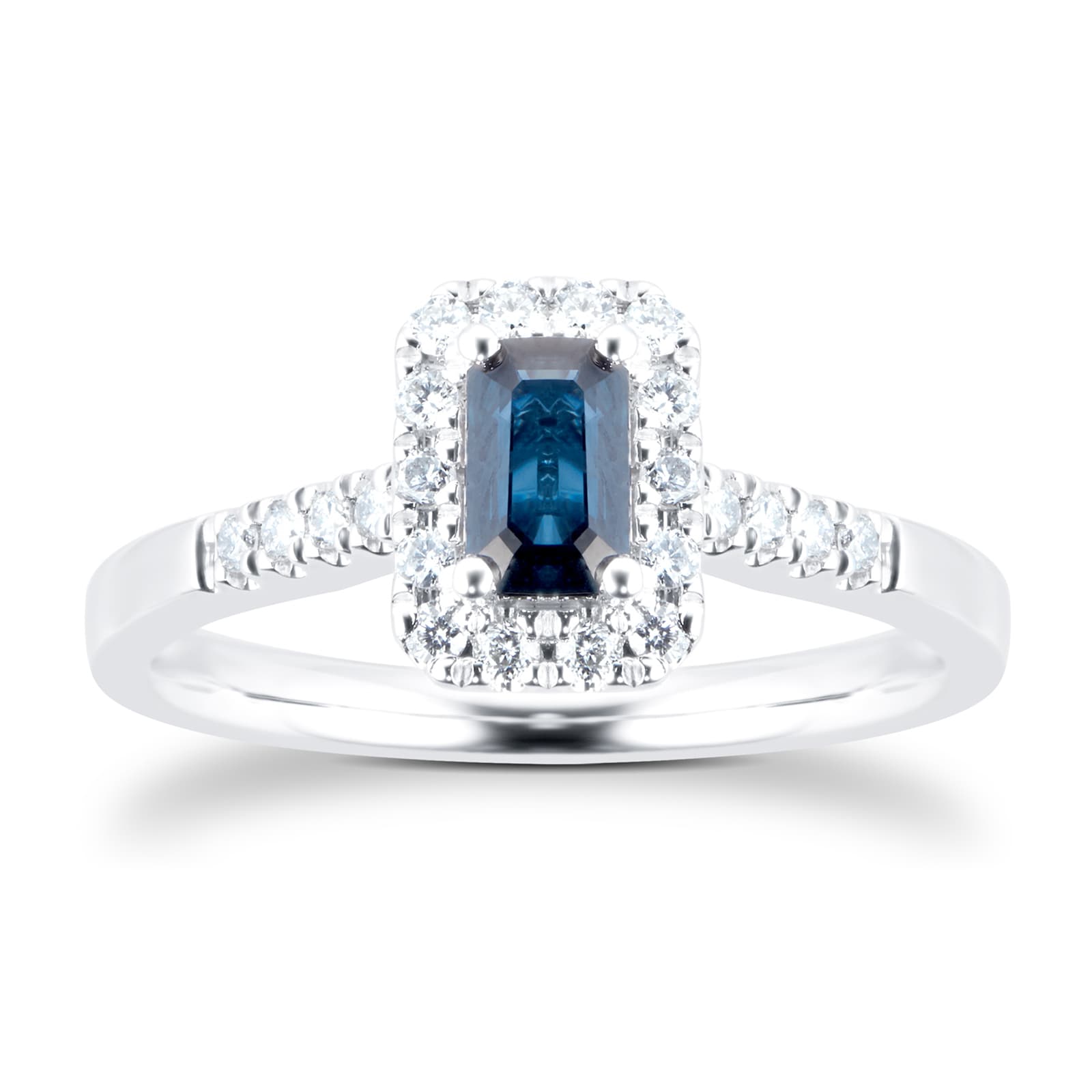 Goldsmiths 9ct White Gold Sapphire Emerald Cut Halo Ring - Ring Size J Goldsmiths 9ct White Gold Sapphire Emerald Cut Halo Ring - Ring Size J