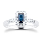 Goldsmiths 9ct White Gold Sapphire Emerald Cut Halo Ring
