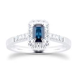 06100137120 - 9ct White Gold Sapphire Emerald Cut Halo Ring - Ring Size L