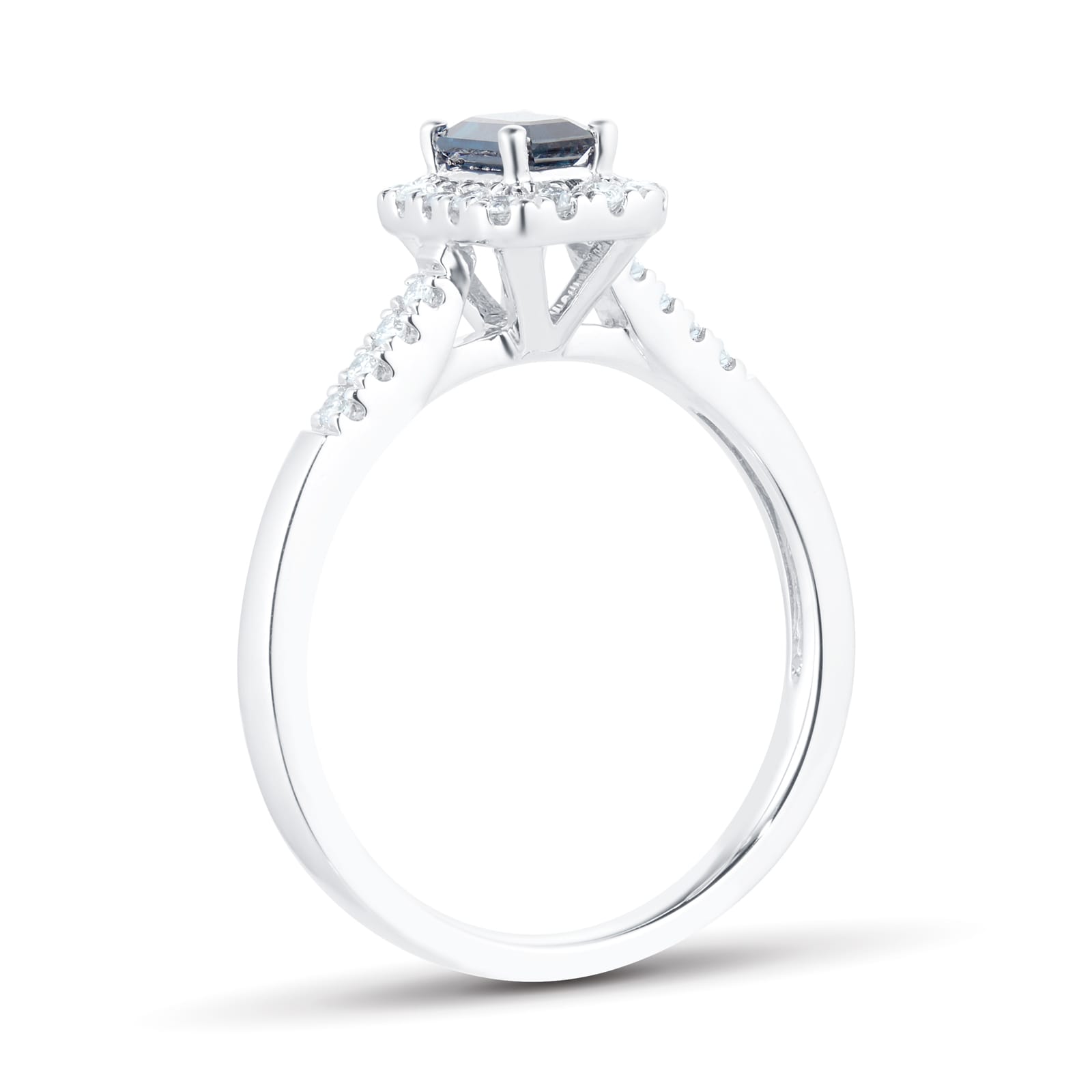Goldsmiths 9ct White Gold Sapphire Emerald Cut Halo Ring - Ring Size J Goldsmiths 9ct White Gold Sapphire Emerald Cut Halo Ring - Ring Size J