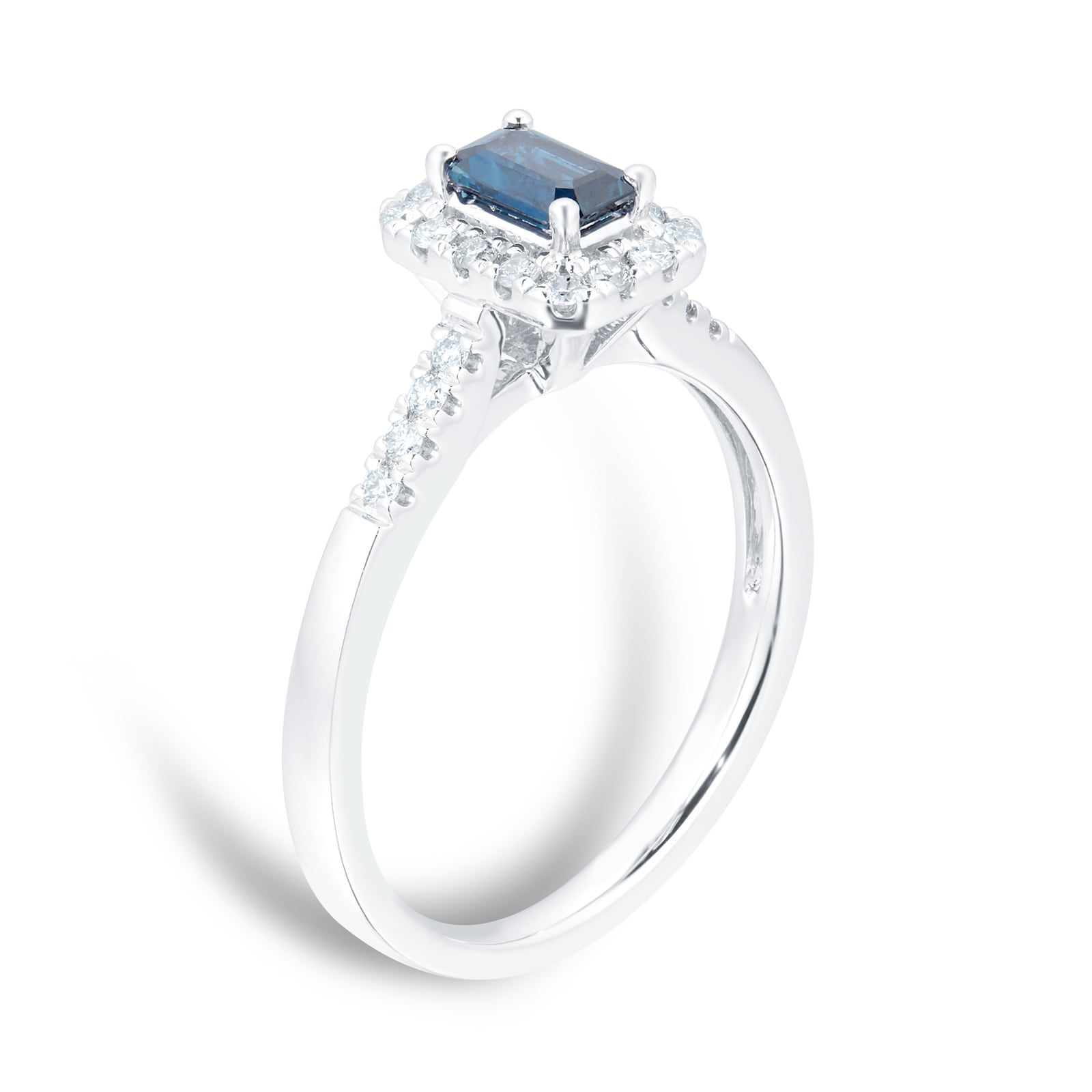 Goldsmiths 9ct White Gold Sapphire Emerald Cut Halo Ring - Ring Size J Goldsmiths 9ct White Gold Sapphire Emerald Cut Halo Ring - Ring Size J