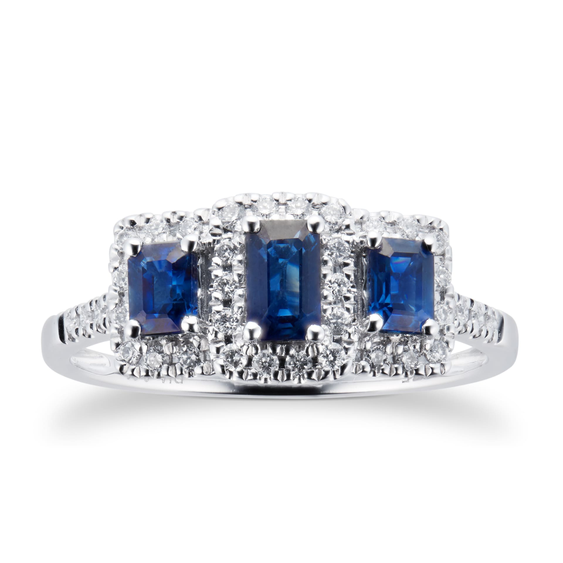 Goldsmiths Sapphire and Diamond Three Stone Ring in 9ct White Gold