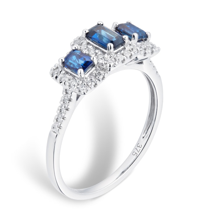 Goldsmiths Sapphire and Diamond Three Stone Ring in 9ct White Gold