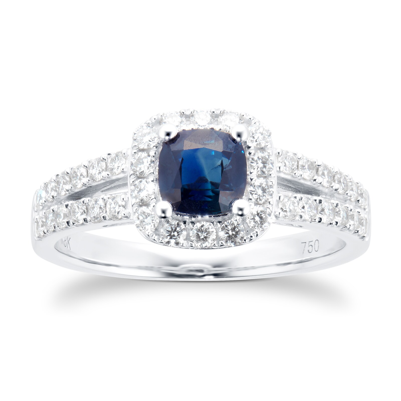 18ct White Gold Sapphire & 0.43cttw Diamond Cushion Cut Halo Ring - Ring Size O