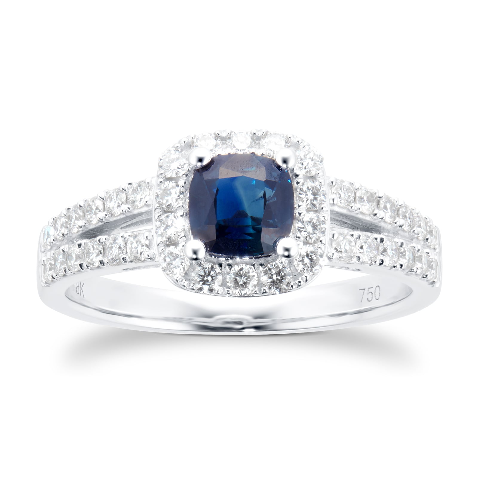 18ct White Gold Sapphire & 0.43cttw Diamond Cushion Cut Halo Ring - Ring Size M