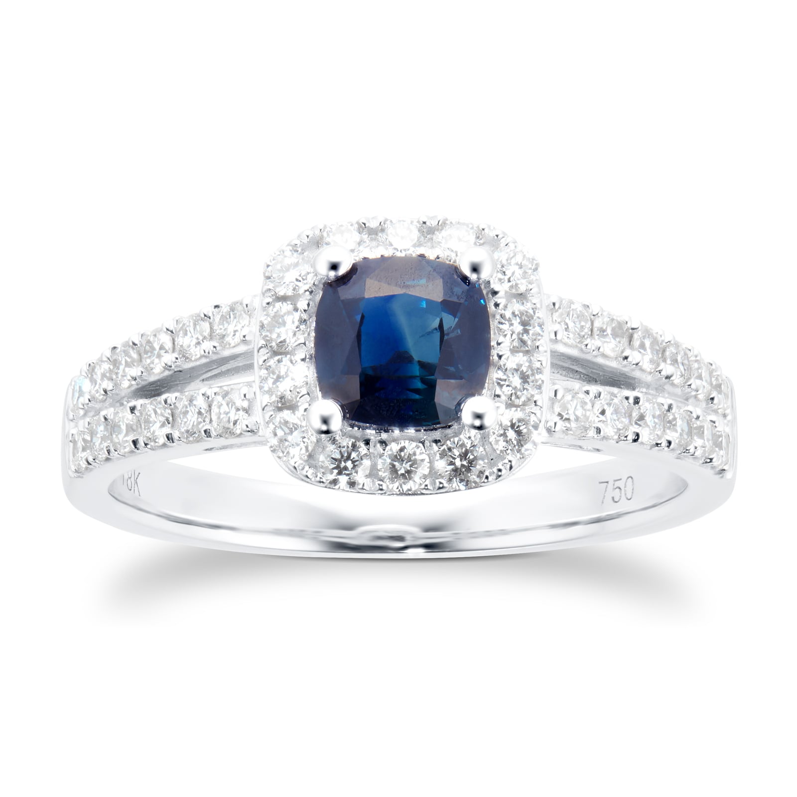 Goldsmiths 18ct White Gold Sapphire & 0.43cttw Diamond Cushion Cut Halo Ring