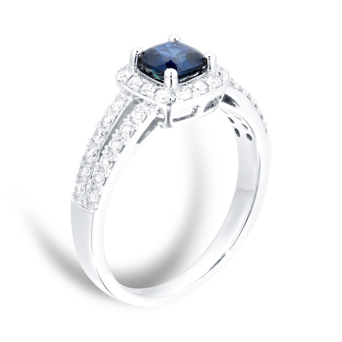 Goldsmiths 18ct White Gold Sapphire & 0.43cttw Diamond Cushion Cut Halo Ring