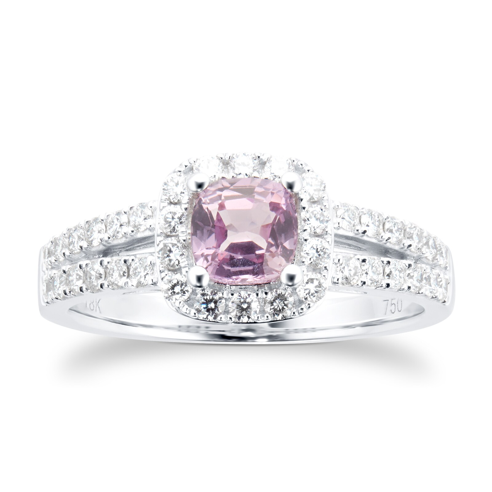 18ct White Gold Pink Sapphire & 0.46cttw Diamond Cushion Cut Halo Ring - Ring Size L