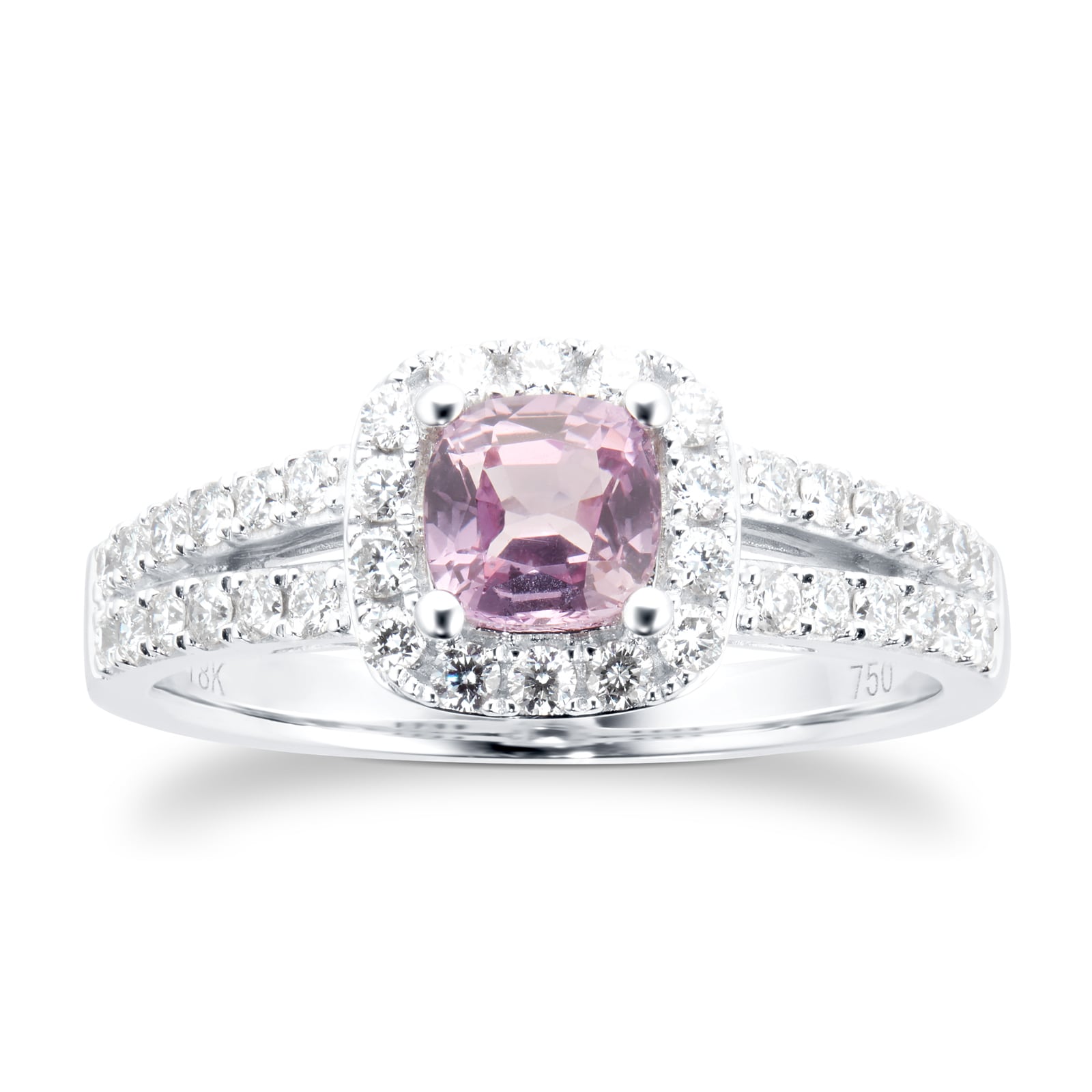 18ct White Gold Pink Sapphire & 0.43cttw Diamond Cushion Cut Halo Ring - Ring Size J