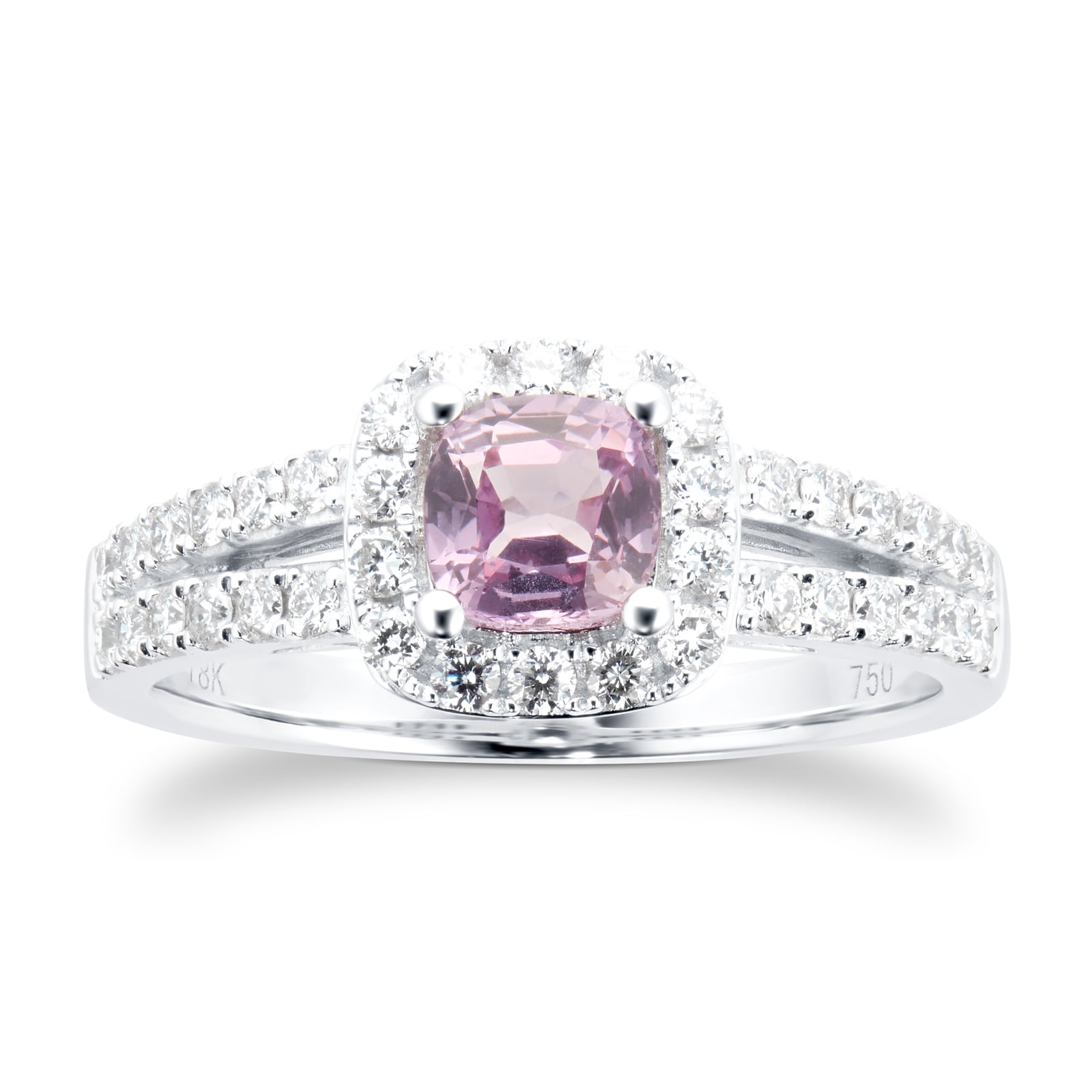 Goldsmiths 18ct White Gold Pink Sapphire & 0.43cttw Diamond Cushion Cut Halo Ring
