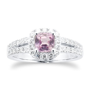 Goldsmiths 18ct White Gold Pink Sapphire & 0.43cttw Diamond Cushion Cut Halo Ring