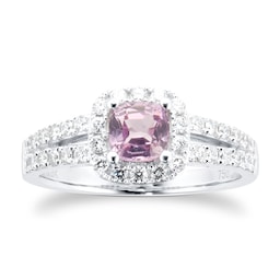 06100157 - 18ct White Gold Pink Sapphire & 0.43cttw Diamond Cushion Cut Halo Ring