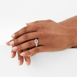 Goldsmiths 18ct White Gold Pink Sapphire & 0.43cttw Diamond Cushion Cut Halo Ring
