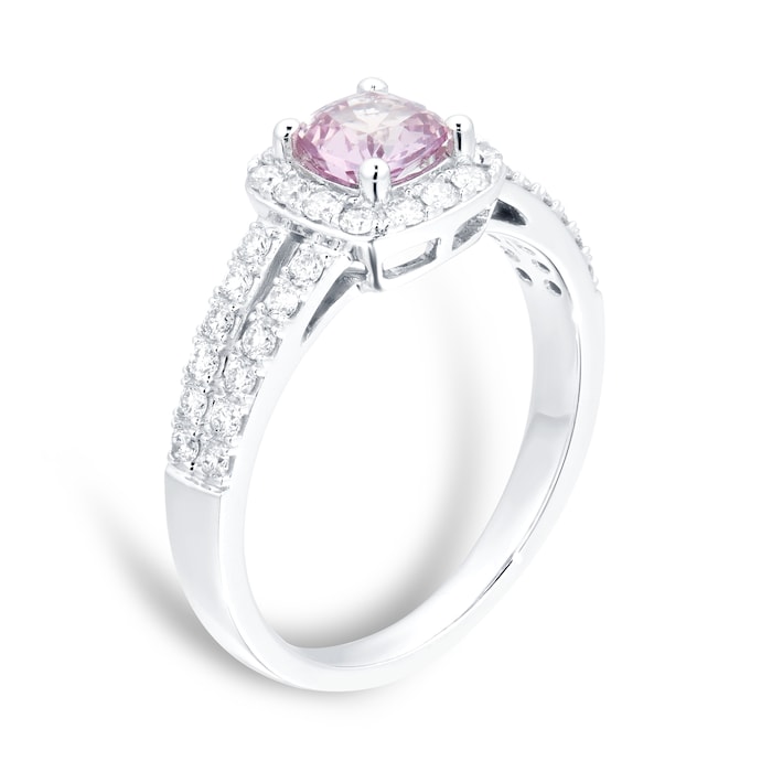 Goldsmiths 18ct White Gold Pink Sapphire & 0.43cttw Diamond Cushion Cut Halo Ring