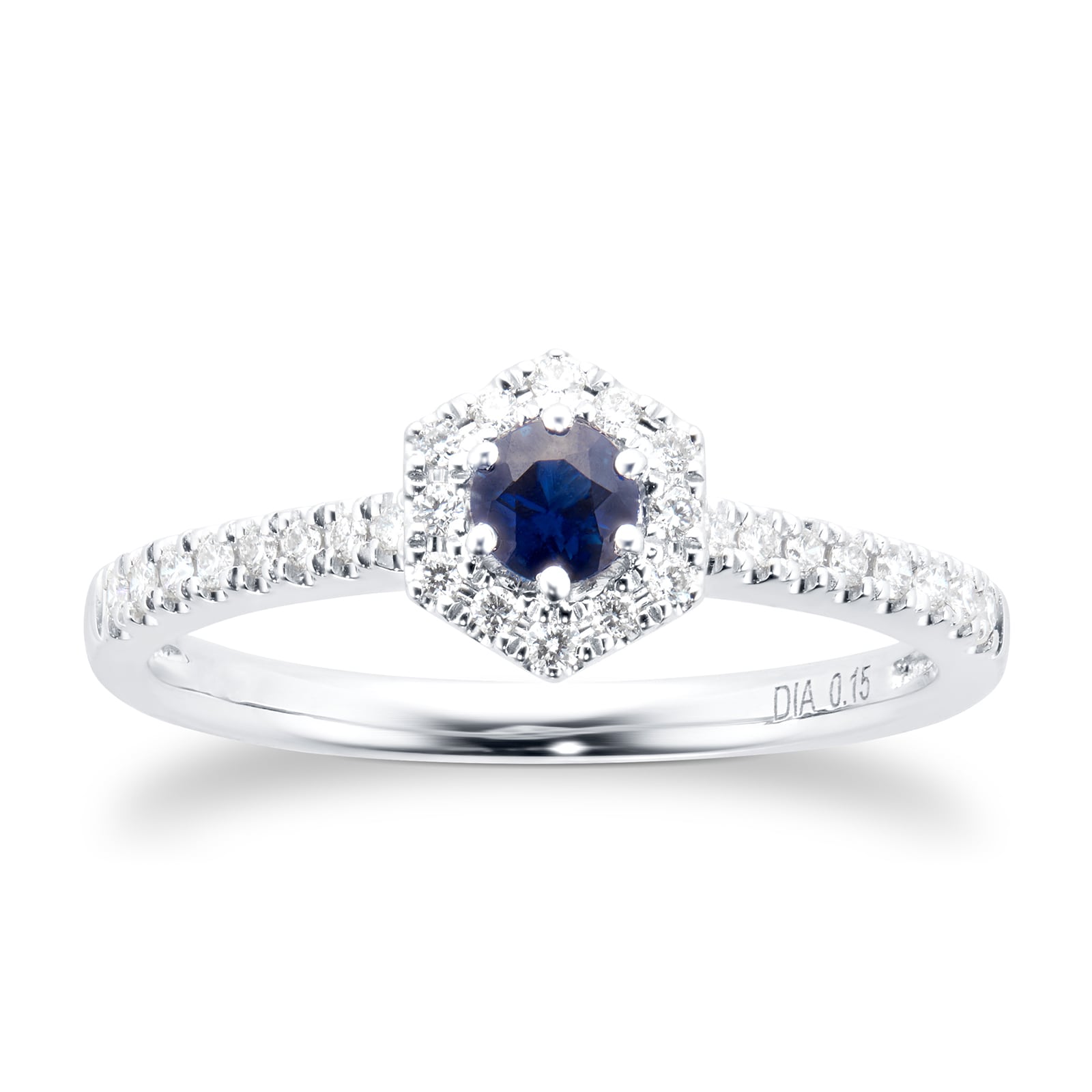 Goldsmiths 9ct White Gold Sapphire & 0.15cttw Diamond Hexagon Ring