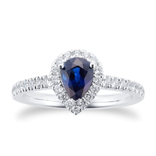 Mappin & Webb Amelia Platinum 1.00ct Pear Cut Sapphire & 0.36cttw Diamond Halo Engagement Ring