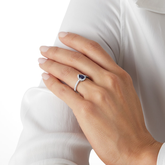 Mappin & Webb Amelia Platinum 1.00ct Pear Cut Sapphire & 0.36cttw Diamond Halo Engagement Ring