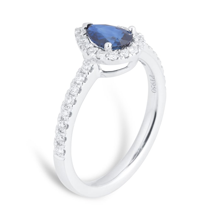 Mappin & Webb Amelia Platinum 1.00ct Pear Cut Sapphire & 0.36cttw Diamond Halo Engagement Ring -  Ring Size K