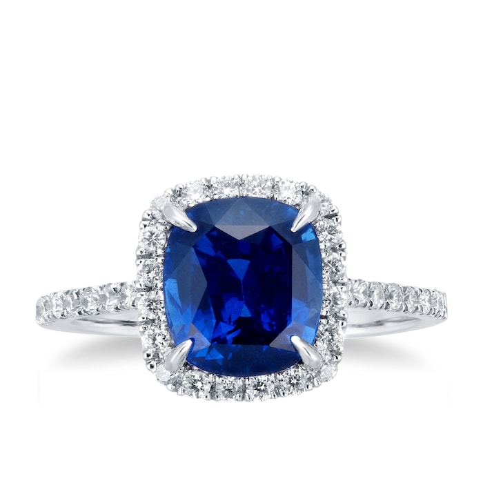 Mappin & Webb Platinum 3.60ct Cushion Cut Sapphire & 0.37ct Diamond Ring