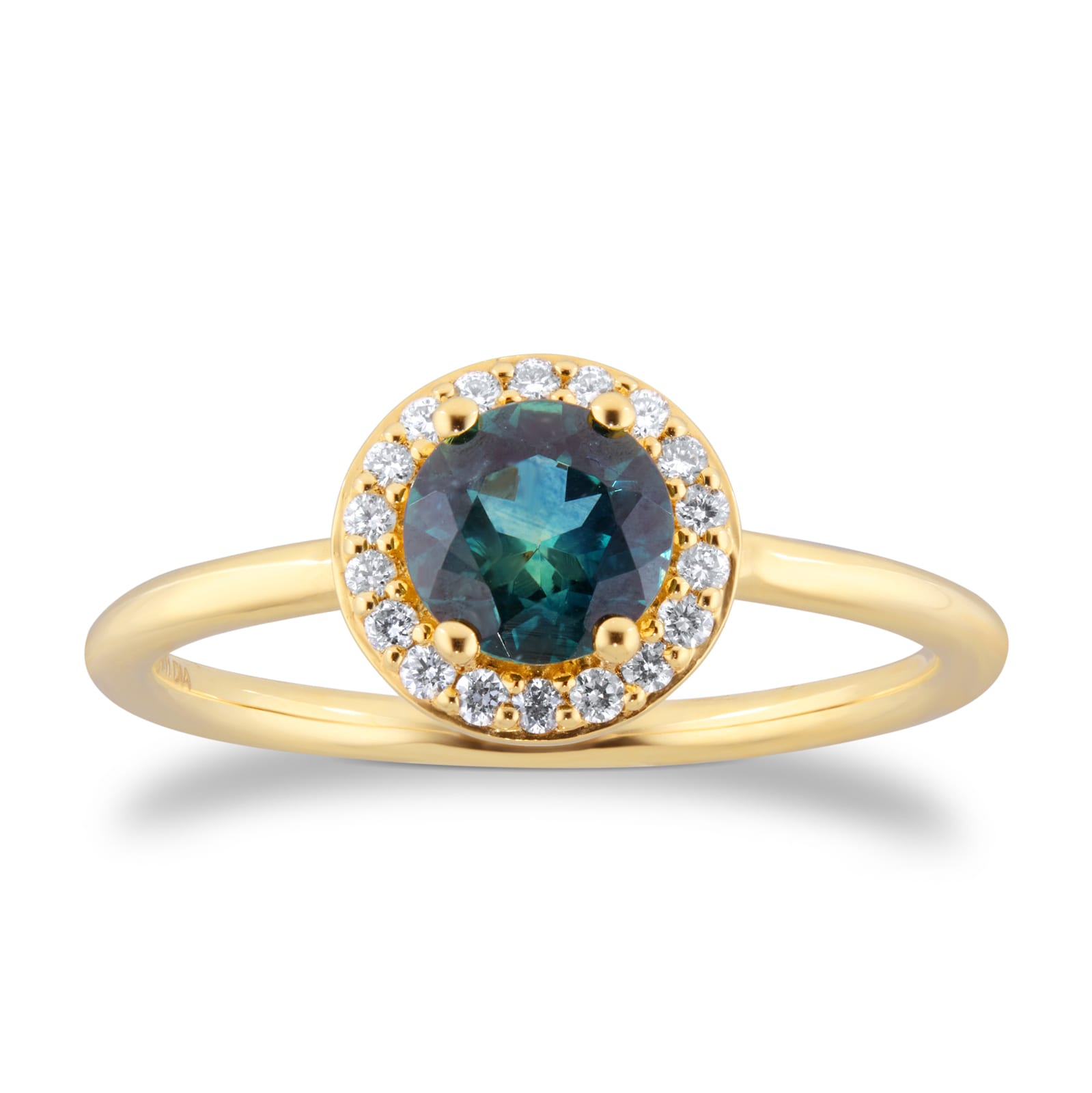 Goldsmiths 18ct Yellow Gold Teal Sapphire & 0.11ct Diamond Halo Ring Goldsmiths 18ct Yellow Gold Teal Sapphire & 0.11ct Diamond Halo Ring