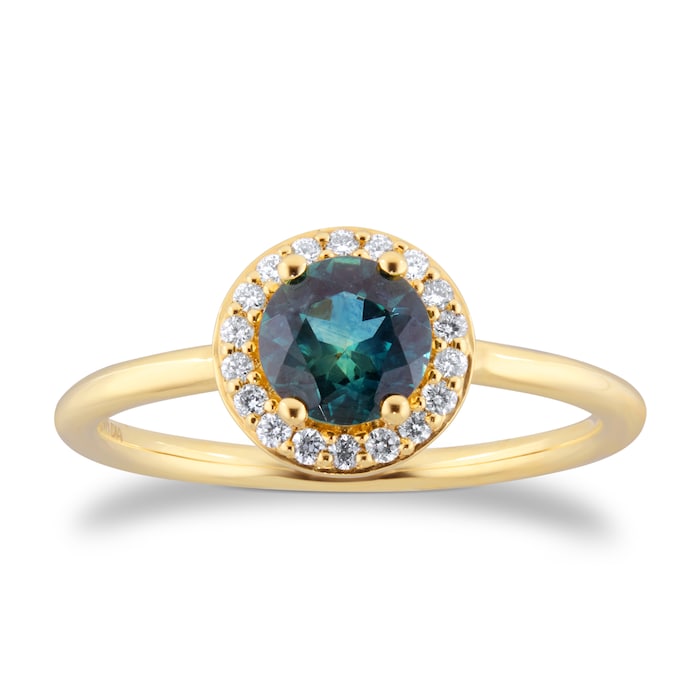 Goldsmiths 18ct Yellow Gold Teal Sapphire & 0.11ct Diamond Halo Ring