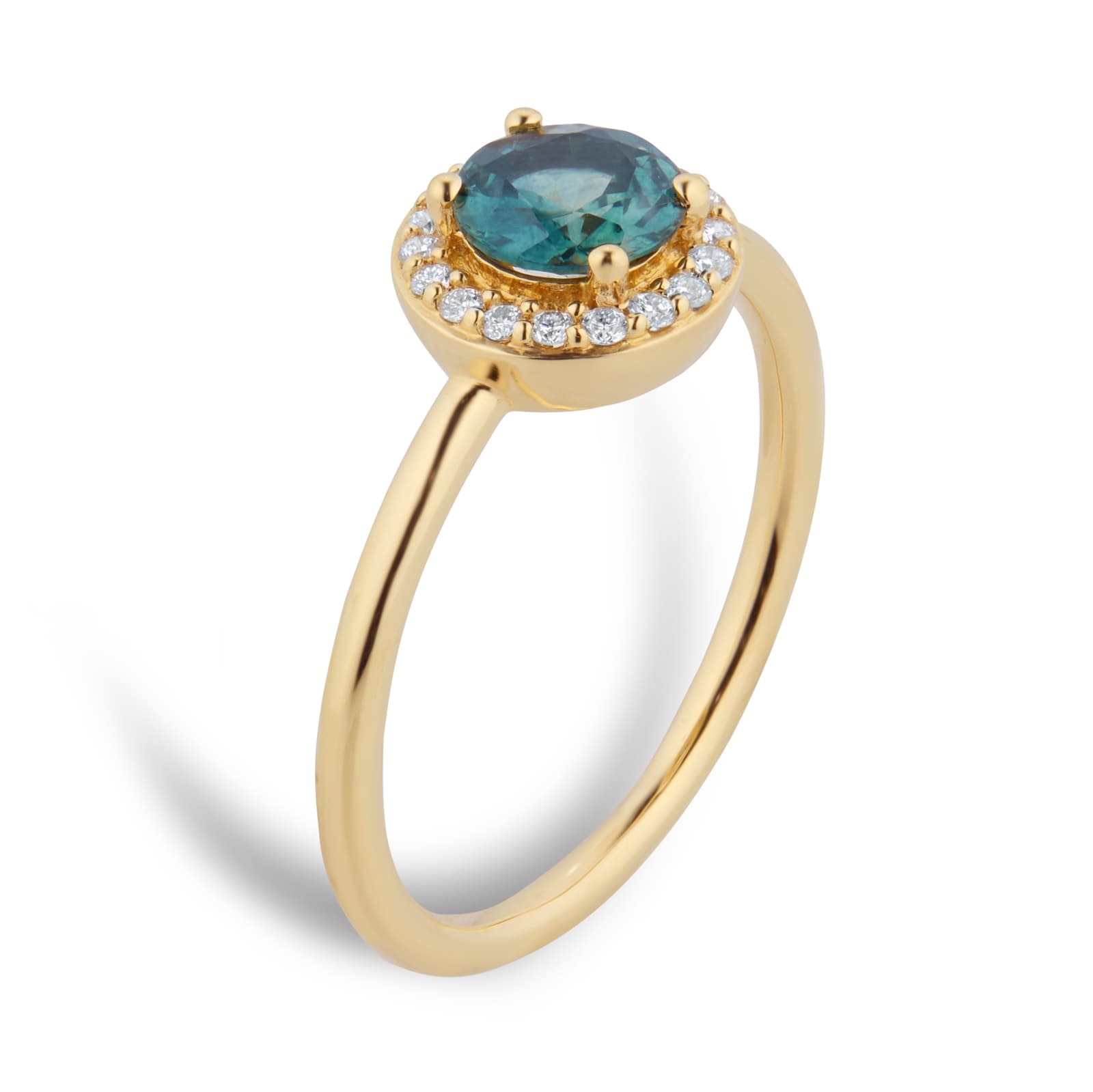 Goldsmiths 18ct Yellow Gold Teal Sapphire & 0.11ct Diamond Halo Ring Goldsmiths 18ct Yellow Gold Teal Sapphire & 0.11ct Diamond Halo Ring