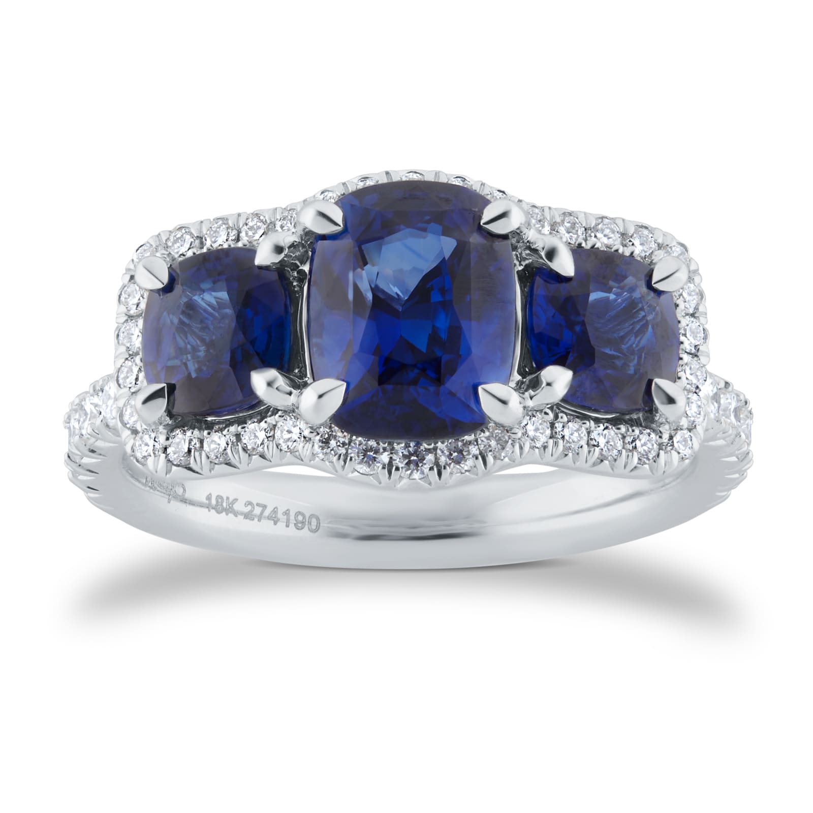18ct White Gold Three Stone Sapphire & 0.54cttw Diamond Ring - Ring Size M.5