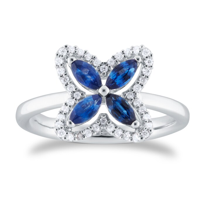 Goldsmiths 18ct White Gold 0.15cttw Diamond and Marquise Cut Sapphire Floral Ring