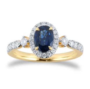 Goldsmiths 18ct Yellow Gold Oval Cut Sapphire and Diamond Halo Ring