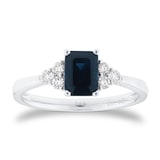 Goldsmiths Platinum Emerald Cut Sapphire and 0.20cttw Diamond Three Stone Engagement Ring