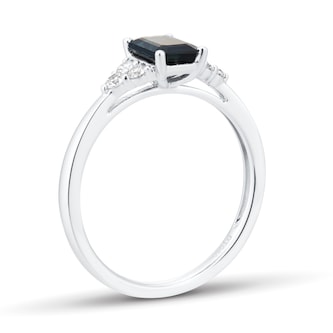 Goldsmiths Platinum Emerald Cut Sapphire and 0.20cttw Diamond Three Stone Engagement Ring