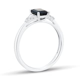 Goldsmiths Platinum Emerald Cut Sapphire and 0.20cttw Diamond Three Stone Engagement Ring