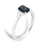 Goldsmiths Platinum Emerald Cut Sapphire and 0.20cttw Diamond Three Stone Engagement Ring