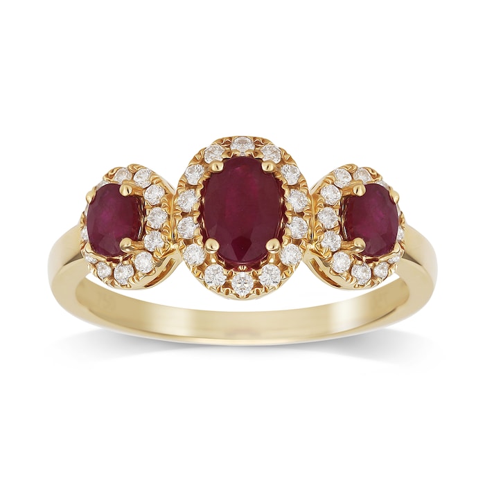 Goldsmiths 18ct Yellow Gold Ruby & 0.25cttw Diamond Three Stone Ring