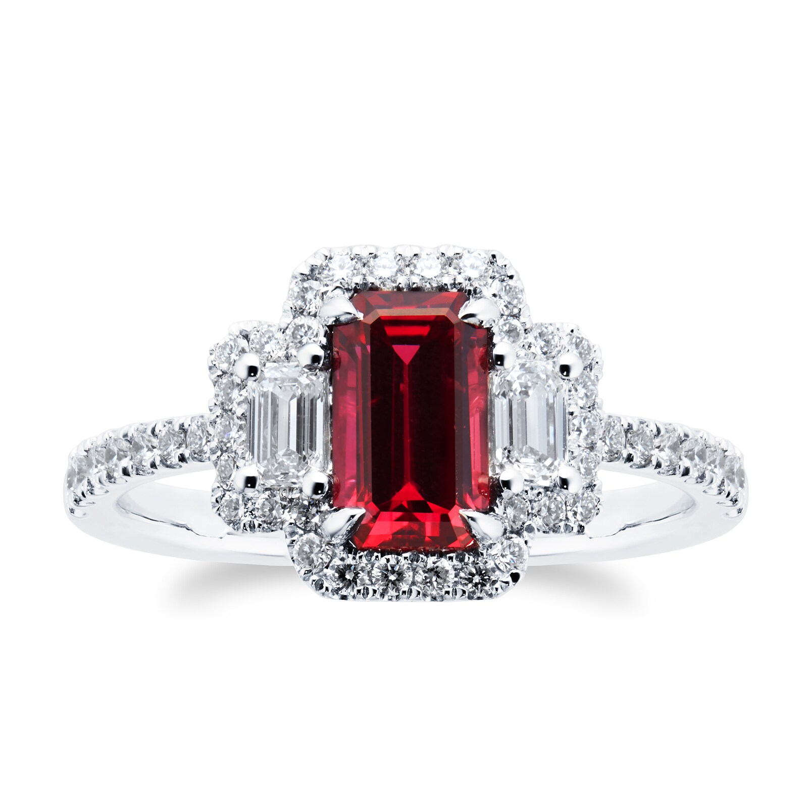 Platinum 1.50ct Emerald Cut Ruby & 0.72cttw Diamond Three Stone Ring - Ring Size N