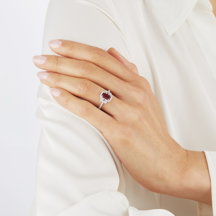 Mappin & Webb Platinum 1.50ct Emerald Cut Ruby & 0.72cttw Diamond Three Stone Ring