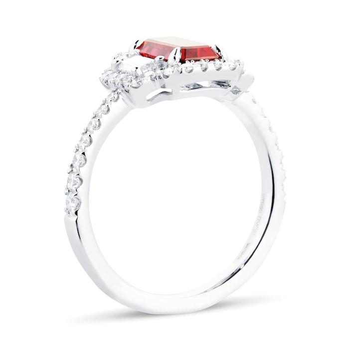 Mappin & Webb Platinum 1.50ct Emerald Cut Ruby & 0.72cttw Diamond Three Stone Ring