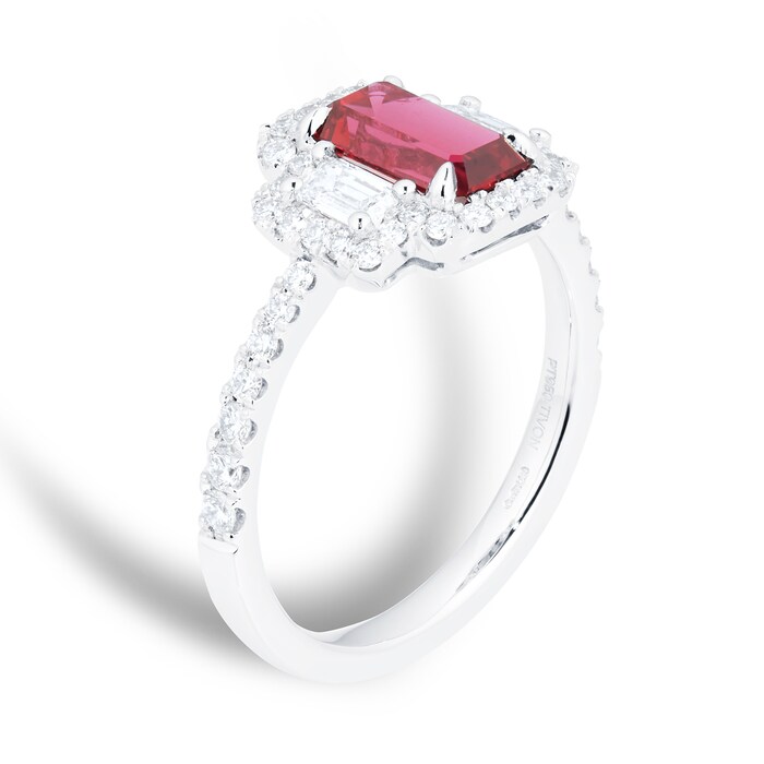 Mappin & Webb Platinum 1.50ct Emerald Cut Ruby & 0.72cttw Diamond Three Stone Ring