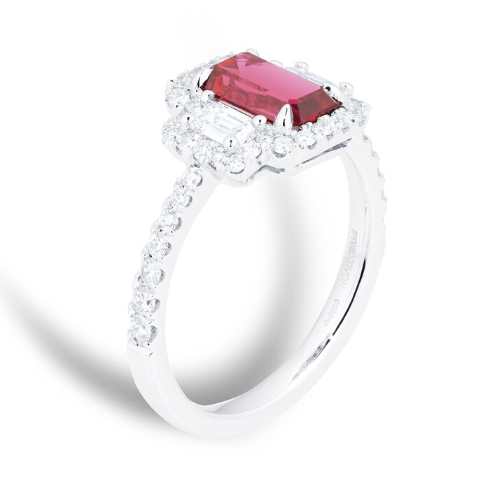 Mappin & Webb Platinum 1.50ct Emerald Cut Ruby &  0.72cttw Diamond Three Stone Ring