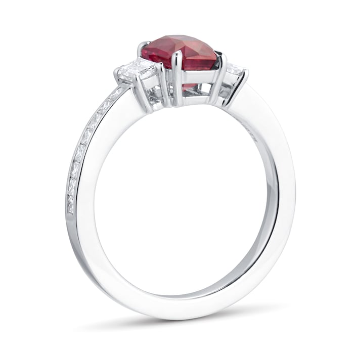 Mappin & Webb Platinum Emerald Cut 2.07ct Ruby & 0.82cttw Diamond Three Stone Ring