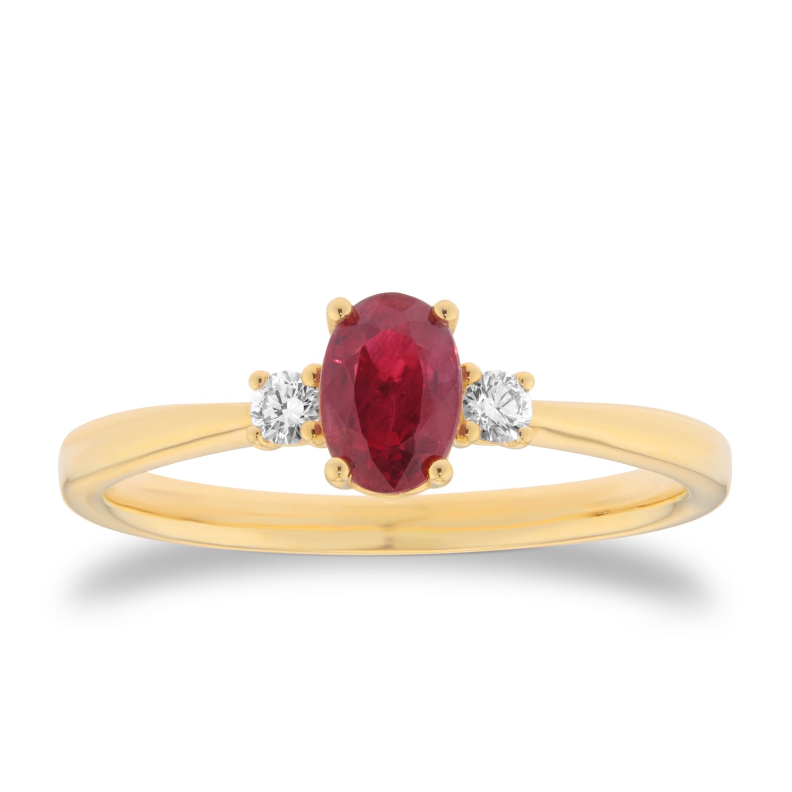 Goldsmiths 18ct Yellow Gold Oval Cut Ruby and Diamond Three Stone Engagement Ring Goldsmiths 18ct Yellow Gold Oval Cut Ruby and Diamond Three Stone Engagement Ring