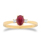Goldsmiths 18ct Yellow Gold Oval Cut Ruby and Diamond Three Stone Engagement Ring