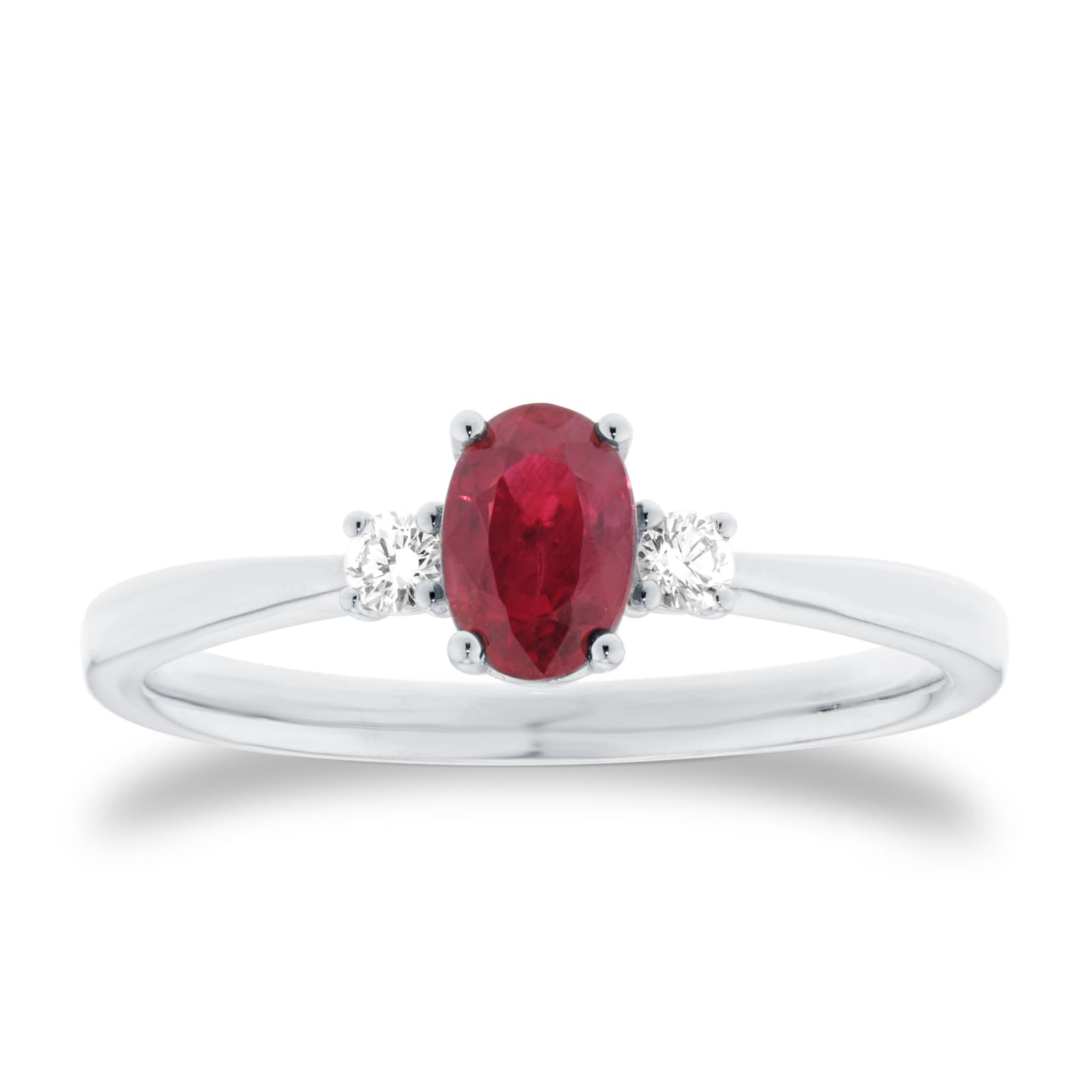 Goldsmiths Platinum Oval Cut Ruby and Diamond Three Stone Engagement Ring