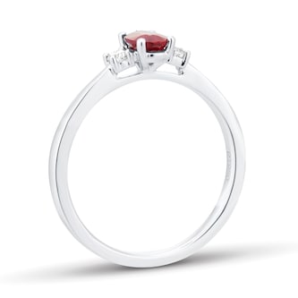 Goldsmiths Platinum Oval Cut Ruby and Diamond Three Stone Engagement Ring